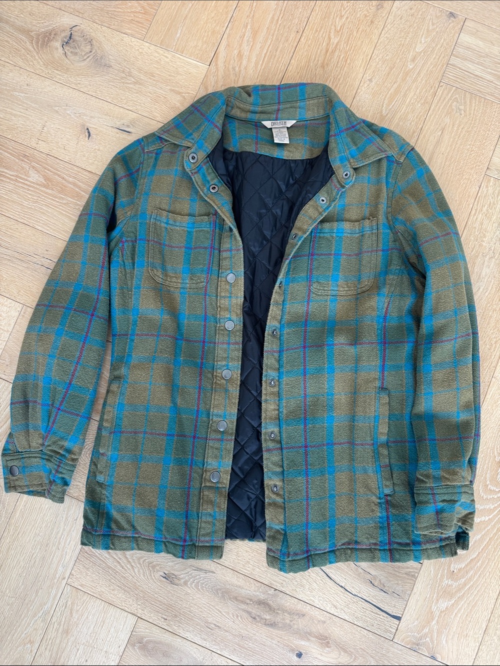 Duluth Trading Co Olive Plaid Quilted-Lined Shacket with Teal Accents